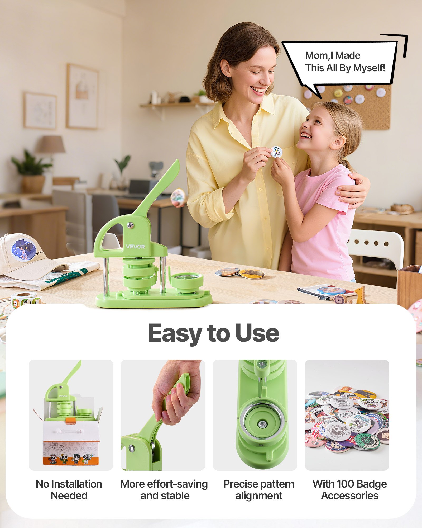 VEVOR Button Maker Machine, 2.28 in, Plastic Pin Maker with 100pcs Button Parts, Circle Cutter and Hex Wrenches, Reinforced Ergonomic Handle, for DIY Badges, Personalized Pins and Key Chains, Green