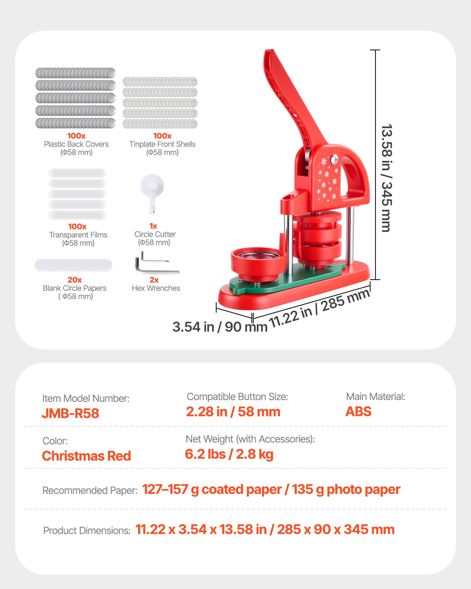 VEVOR Button Maker Machine, 2.28 in, Plastic Pin Maker with 100pcs Button Parts, Circle Cutter and Hex Wrenches, Reinforced Ergonomic Handle, for DIY Badges, Personalized Pins and Key Chains, Red