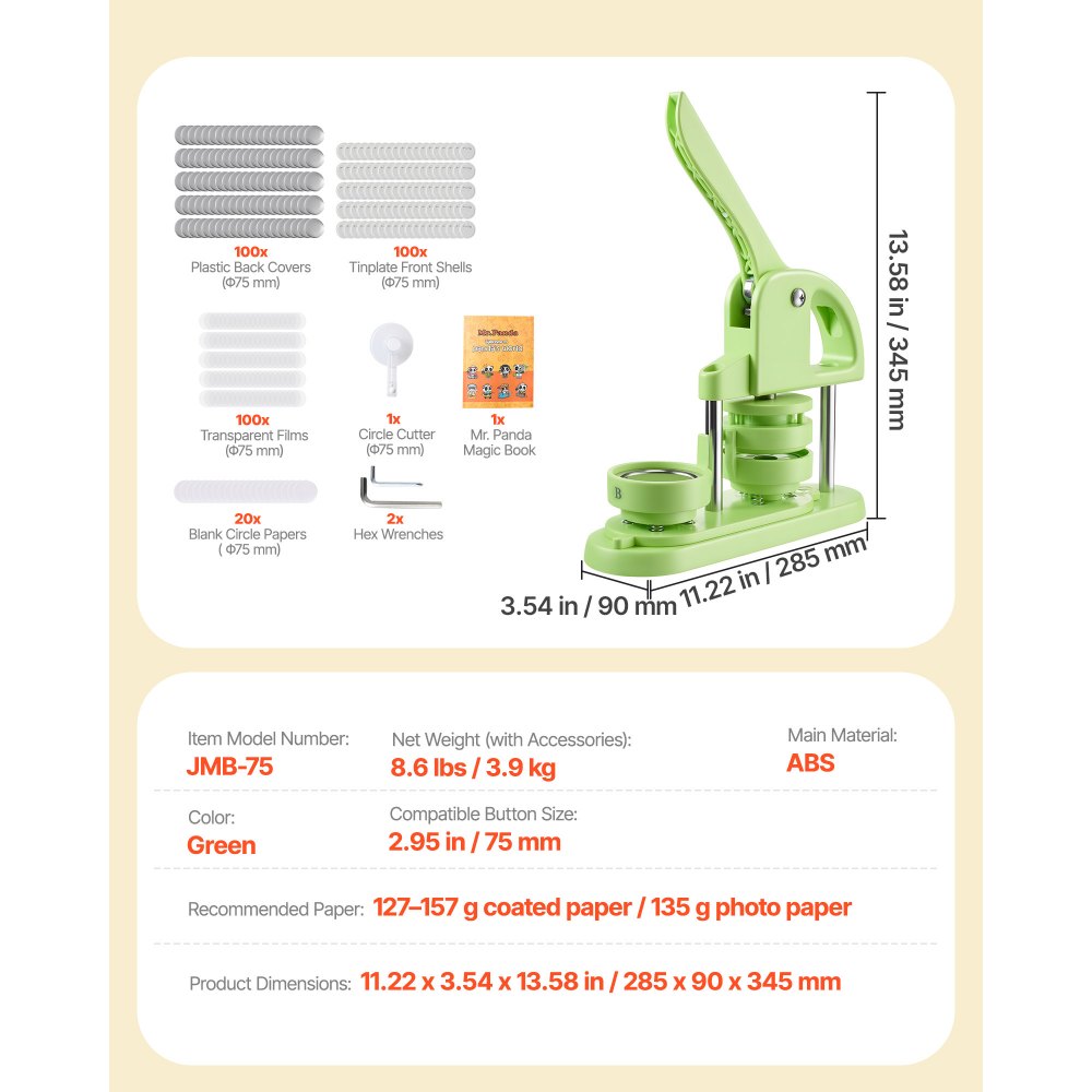 VEVOR Button Maker Machine, 2.95 in, Plastic Pin Maker with 100pcs Button Parts, Circle Cutter and Magic Book, Reinforced Ergonomic Handle, for DIY Badges, Personalized Pins and Key Chains, Green