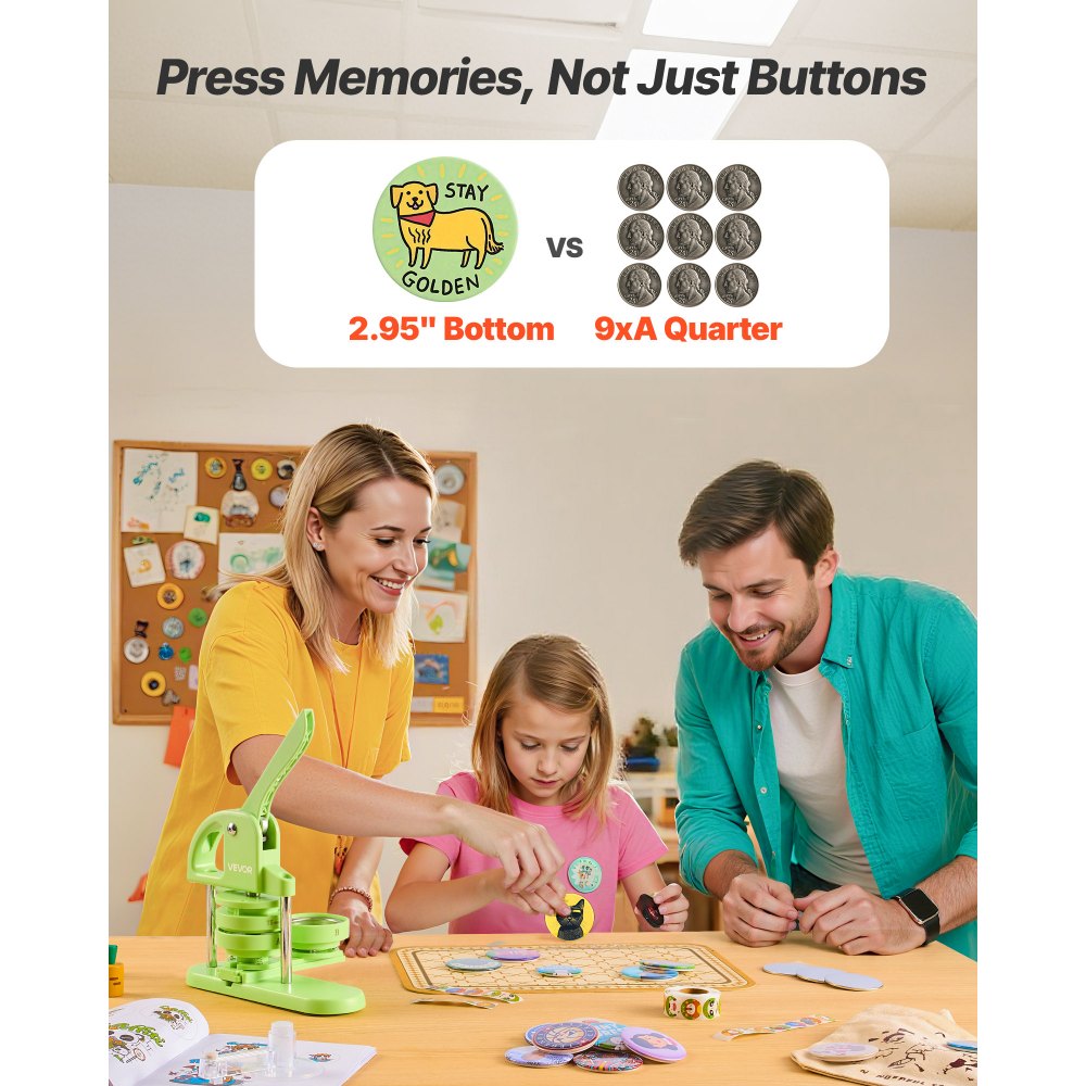 Máquina para hacer botones VEVOR de 7,5 cm, para crear alfileres de plástico con 100 piezas, cortador circular y libro mágico, mango ergonómico reforzado, para crear insignias, alfileres personalizados y llaveros, color verde.