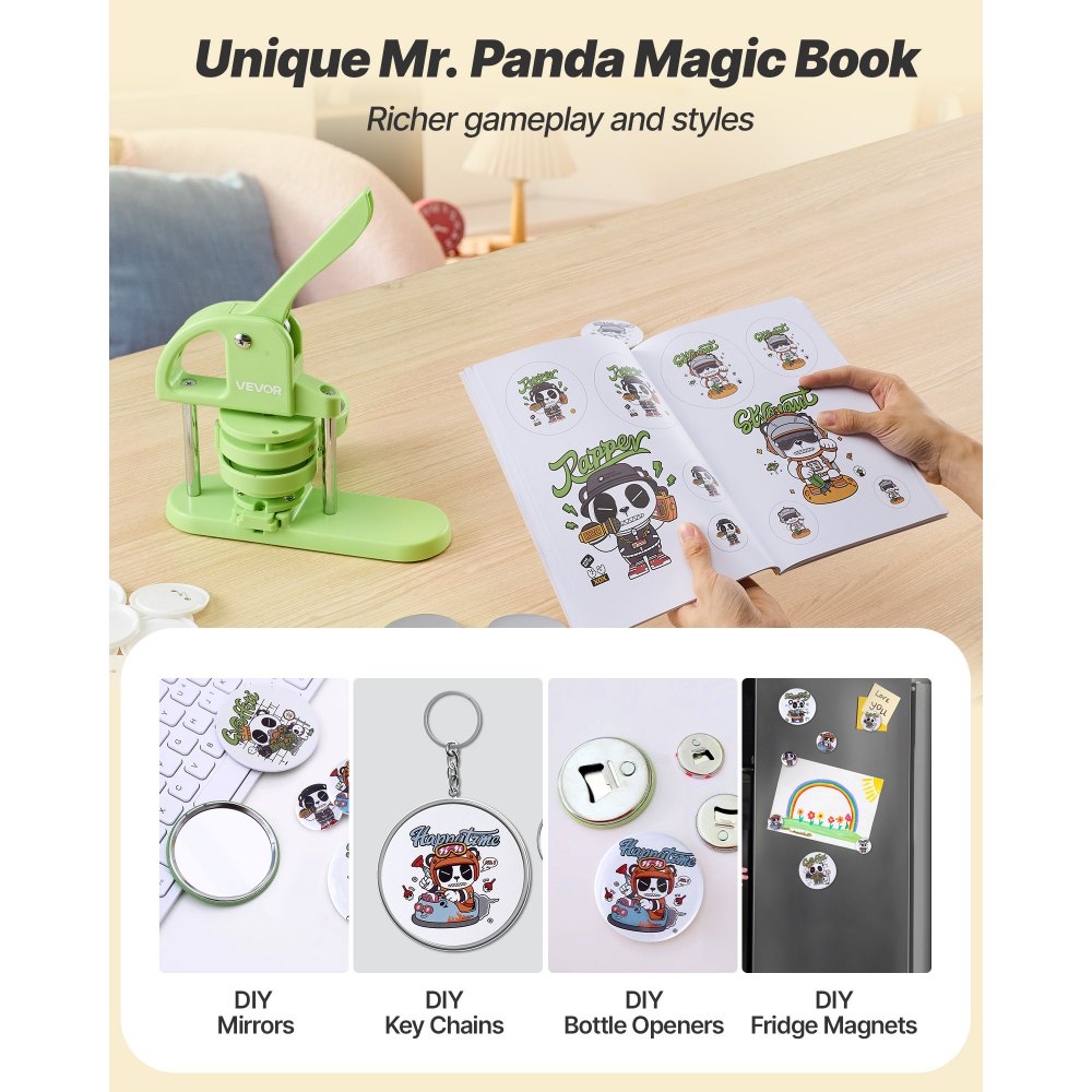 Máquina para hacer botones VEVOR de 7,5 cm, para crear alfileres de plástico con 100 piezas, cortador circular y libro mágico, mango ergonómico reforzado, para crear insignias, alfileres personalizados y llaveros, color verde.