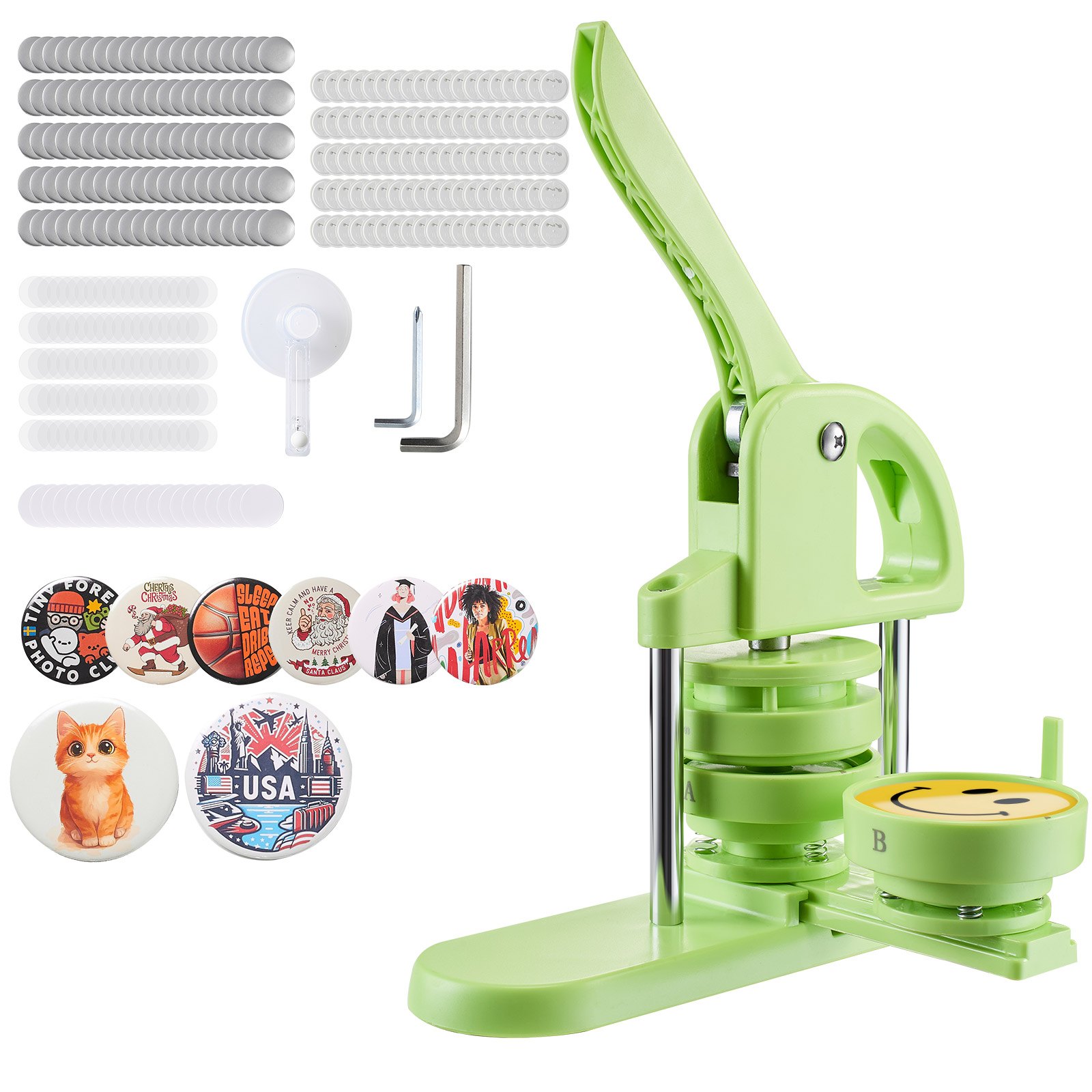 Máquina para hacer botones VEVOR de 7,5 cm, para crear alfileres de plástico con 100 piezas, cortador circular y libro mágico, mango ergonómico reforzado, para crear insignias, alfileres personalizados y llaveros, color verde.