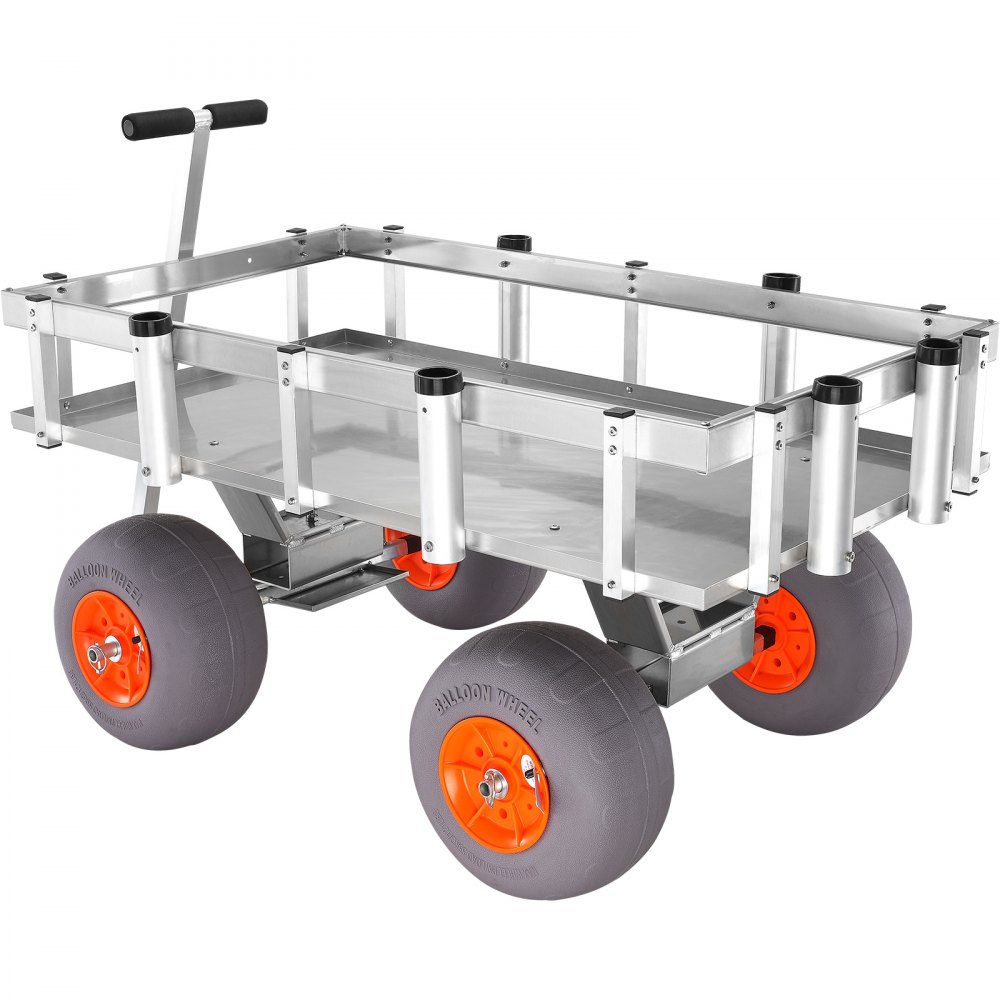 VEVOR - Carrito de pesca de playa con capacidad de carga de 181 kg, para pesca y actividades marinas, con cuatro ruedas grandes de 33 cm y neumáticos de poliuretano para arena, resistente vagón de muelle de aluminio con 6 portacañas para pesca y picnic.
