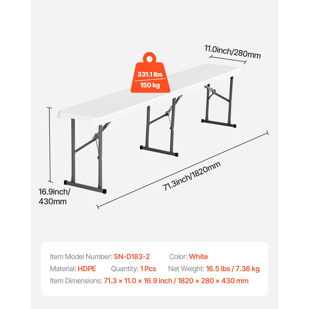 Banco plegable de plástico VEVOR, portátil de 1,8 m para interior/exterior, picnic, fiesta, patio, camping, comedor, asiento plegable de HDPE liso para jardín, fútbol, actividades multiusos, 1 paquete, blanco