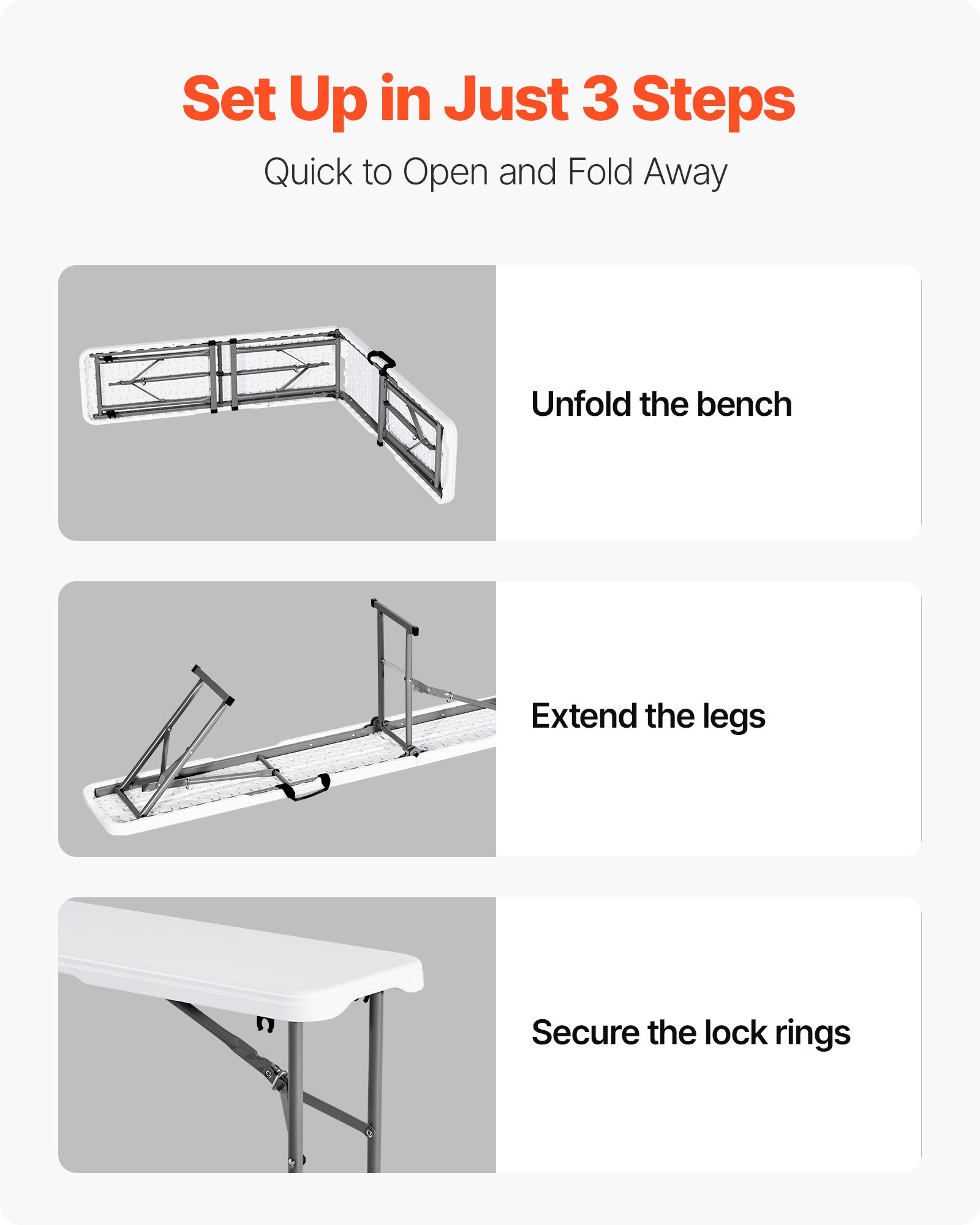 Banco plegable de plástico VEVOR, portátil de 1,8 m para interior/exterior, picnic, fiesta, patio, camping, comedor, asiento plegable de HDPE liso para jardín, fútbol, actividades multiusos, 1 paquete, blanco