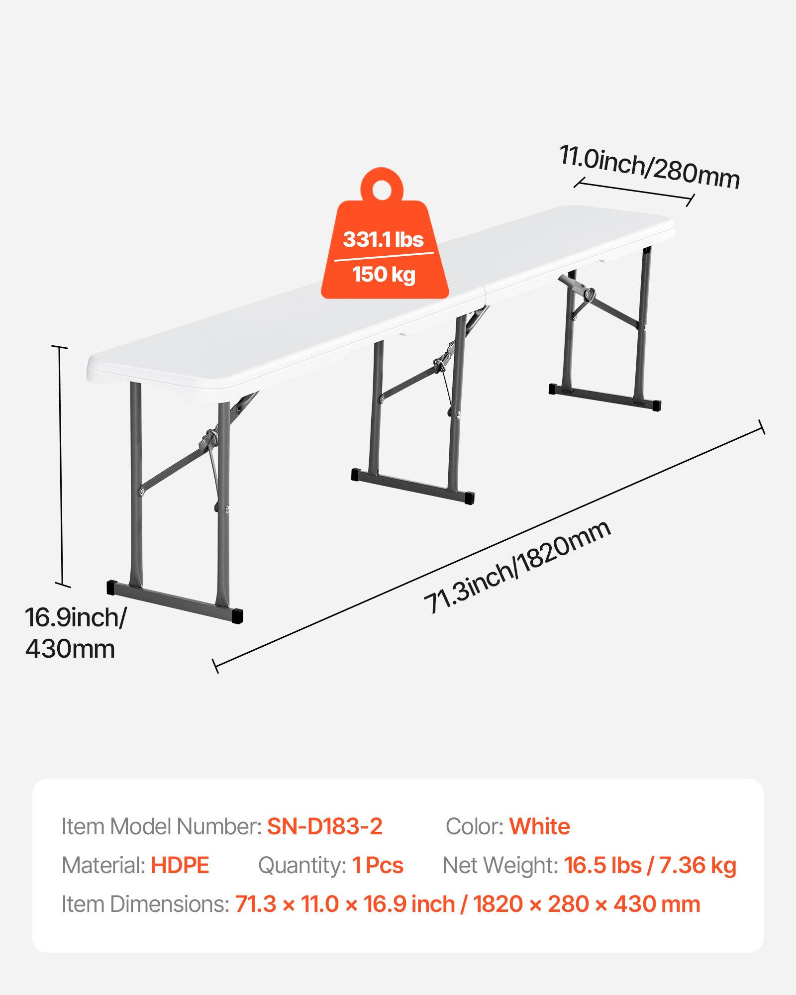 Banco plegable de plástico VEVOR, portátil de 1,8 m para interior/exterior, picnic, fiesta, patio, camping, comedor, asiento plegable de HDPE liso para jardín, fútbol, actividades multiusos, 1 paquete, blanco