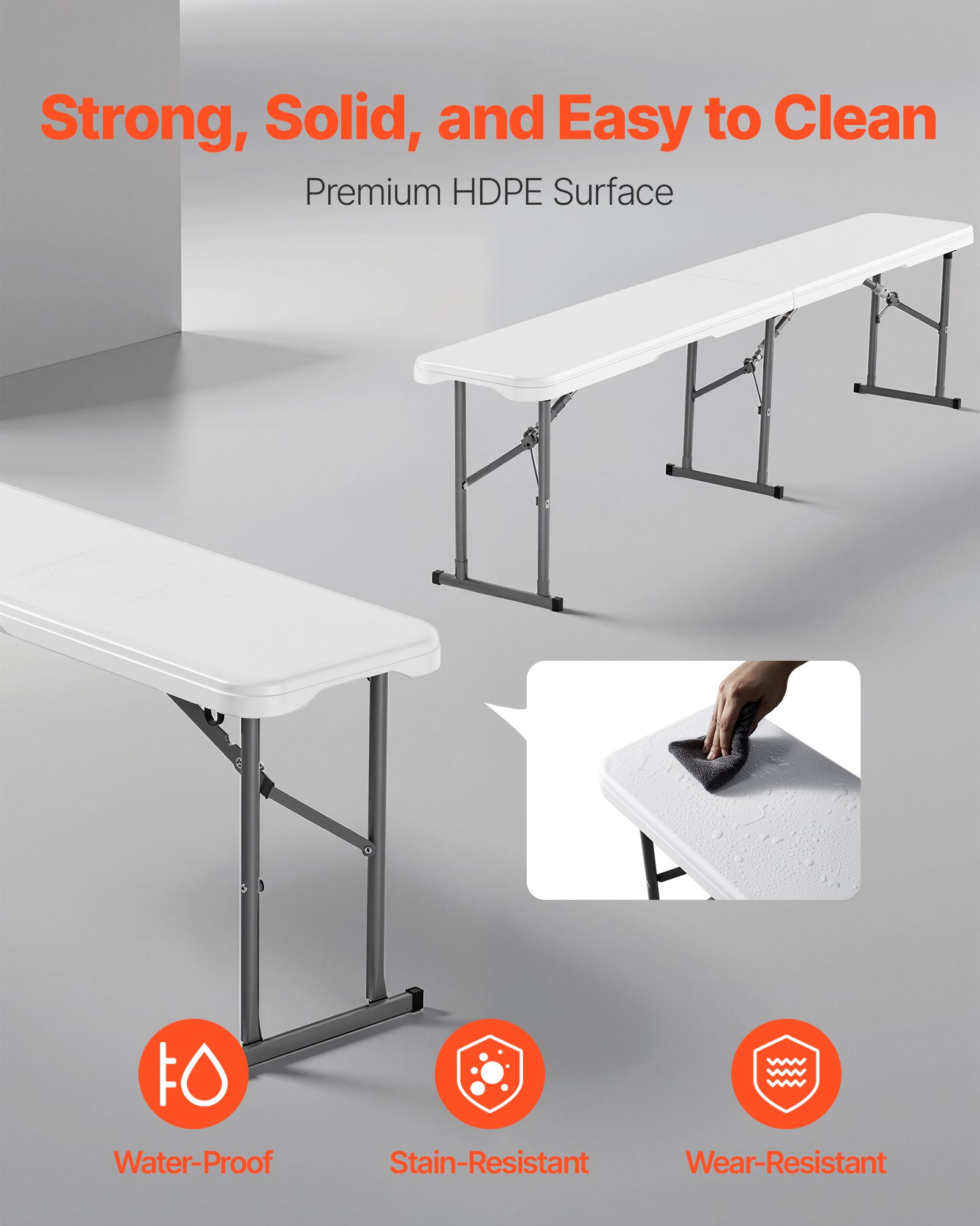 Banco plegable de plástico VEVOR, portátil de 1,8 m para interior/exterior, picnic, fiesta, patio, camping, comedor, asiento plegable de HDPE liso para jardín, fútbol, actividades multiusos, paquete de 2, blanco