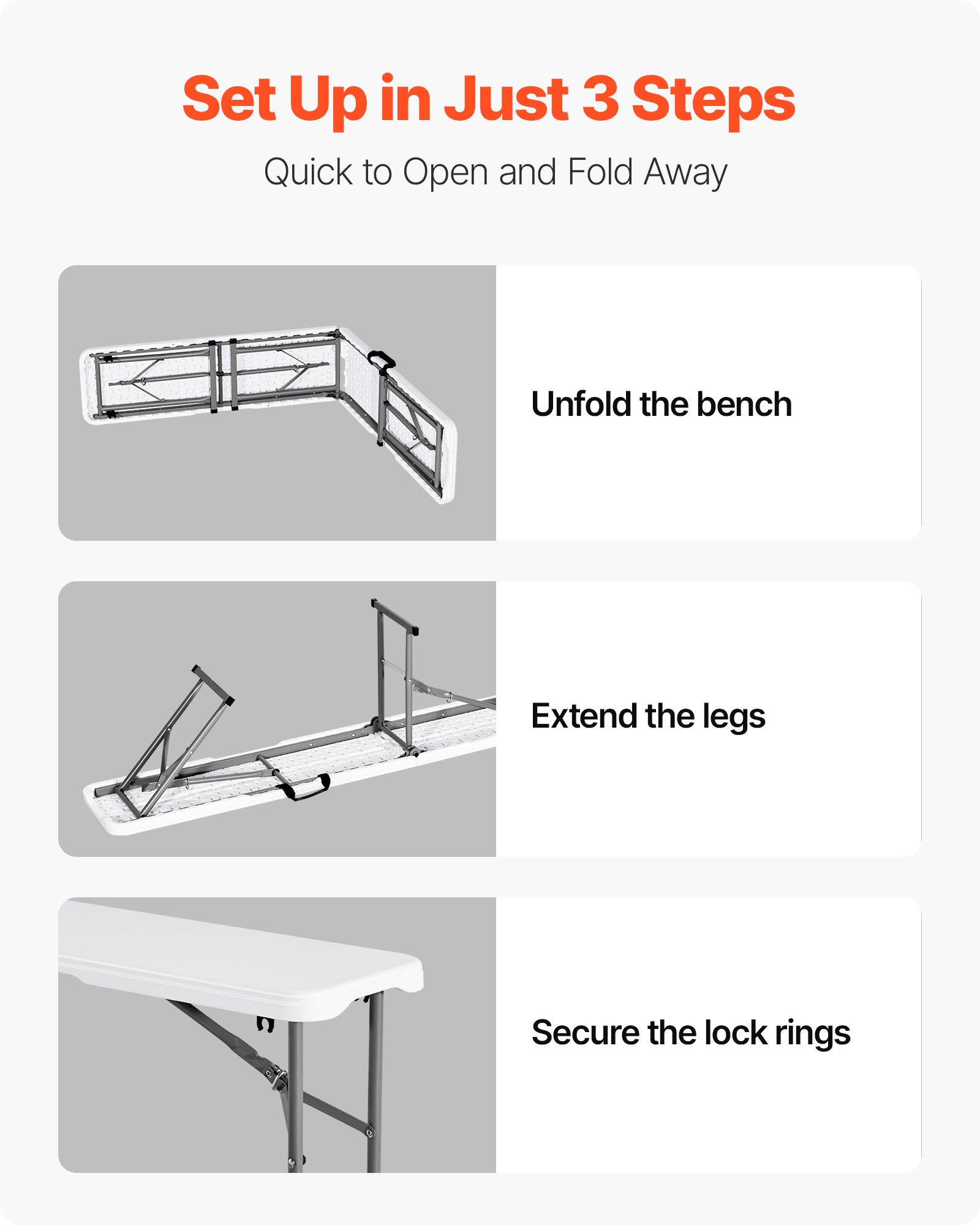 Banco plegable de plástico VEVOR, portátil de 1,8 m para interior/exterior, picnic, fiesta, patio, camping, comedor, asiento plegable de HDPE liso para jardín, fútbol, actividades multiusos, paquete de 2, blanco