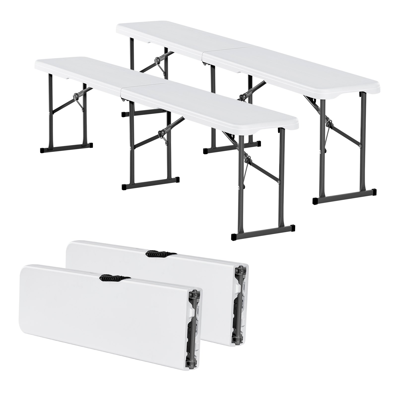 Banco plegable de plástico VEVOR, portátil de 1,8 m para interior/exterior, picnic, fiesta, patio, camping, comedor, asiento plegable de HDPE liso para jardín, fútbol, actividades multiusos, paquete de 2, blanco