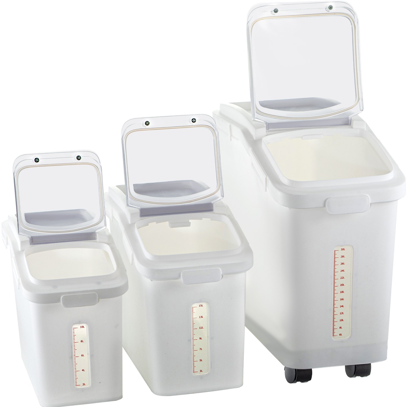 VEVOR Contenedor de almacenamiento de ingredientes, 11.4+5.8+3.4 galones de capacidad Contenedor de ingredientes de estante, Contenedores de harina de 500 tazas con ruedas Contenedor de ingredientes de almacenamiento de estante comercial Prosave con tapa y contenedor de cuchara de arroz para cocina Blanco