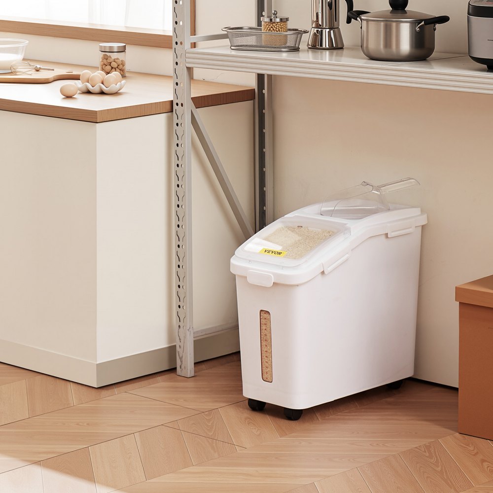 VEVOR Contenedor de almacenamiento de ingredientes, contenedor de ingredientes con estante de capacidad de 11.4 galones, contenedores de harina de 280 tazas con ruedas Contenedor de ingredientes de almacenamiento en estante Prosave comercial con tapa y cuchara para arroz para cocina, color blanco