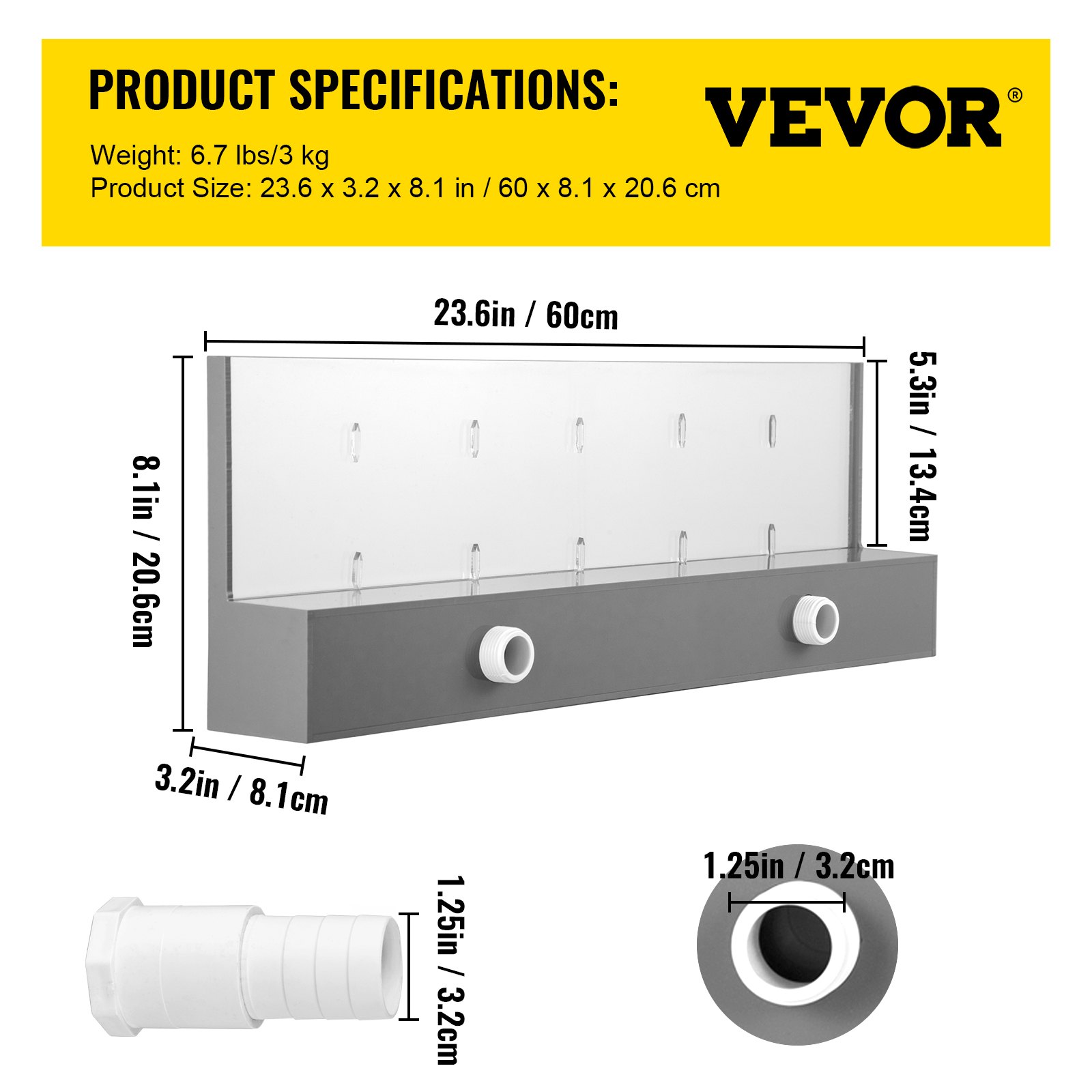 VEVOR Aliviadero de Fuente de Piscina en Cascada 23,6 x  3,2  x 8,1 pulgadas 17 Colores LED, Fuente de Cascada de Piscina Acrílico Sólido, Cascada de Piscina para Estanque de Jardín Control Remoto