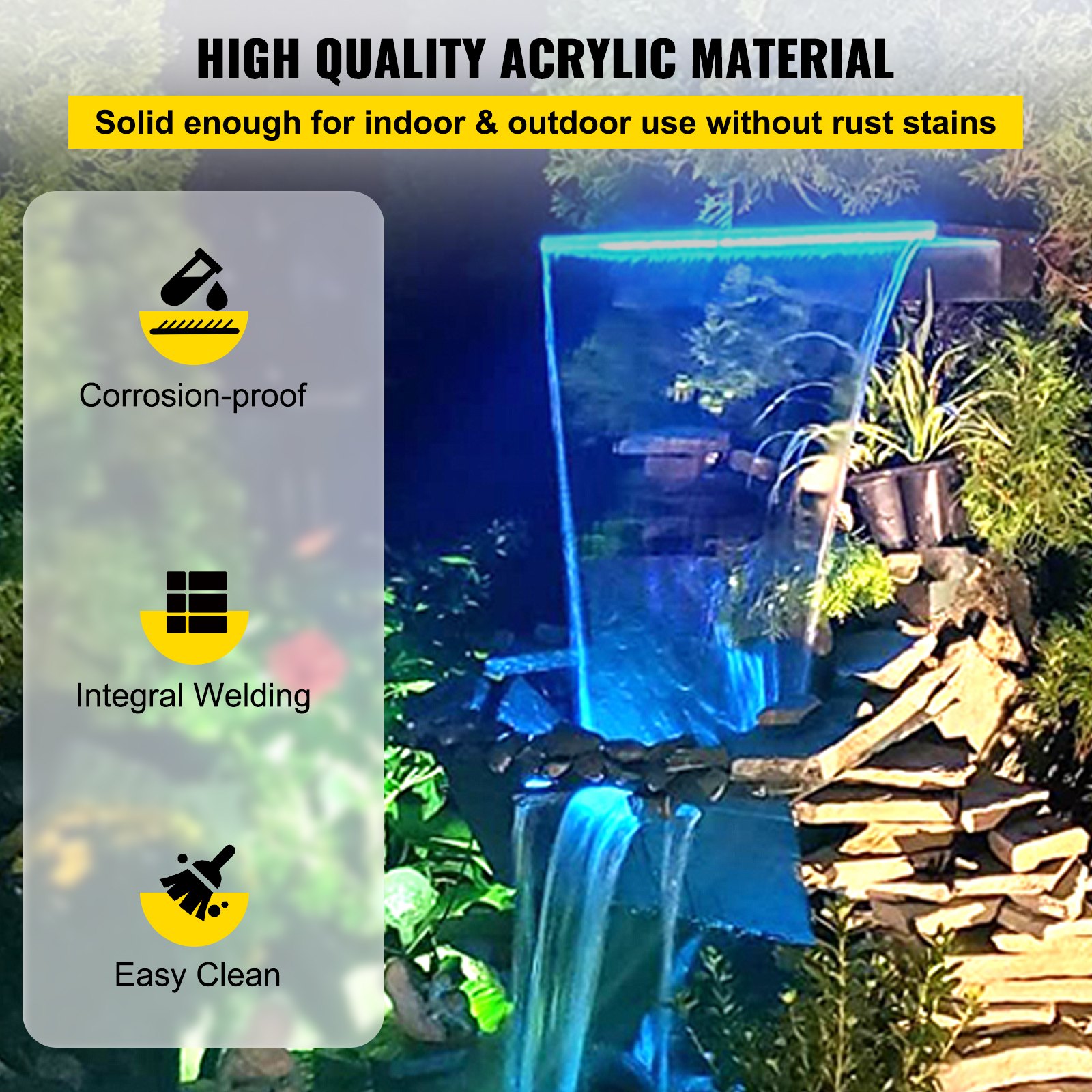 Aliviadero de fuente VEVOR con caudal led azul, rodeado de plantas y rocas.