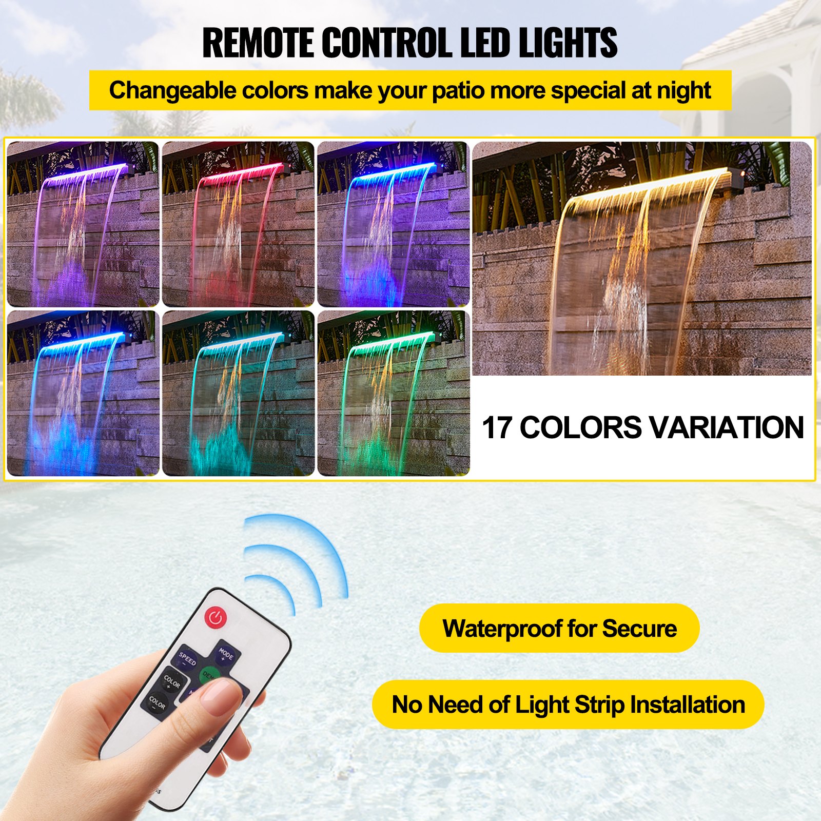 Aliviadero de fuente VEVOR con luces LED de control remoto, que muestra 17 variaciones de color.