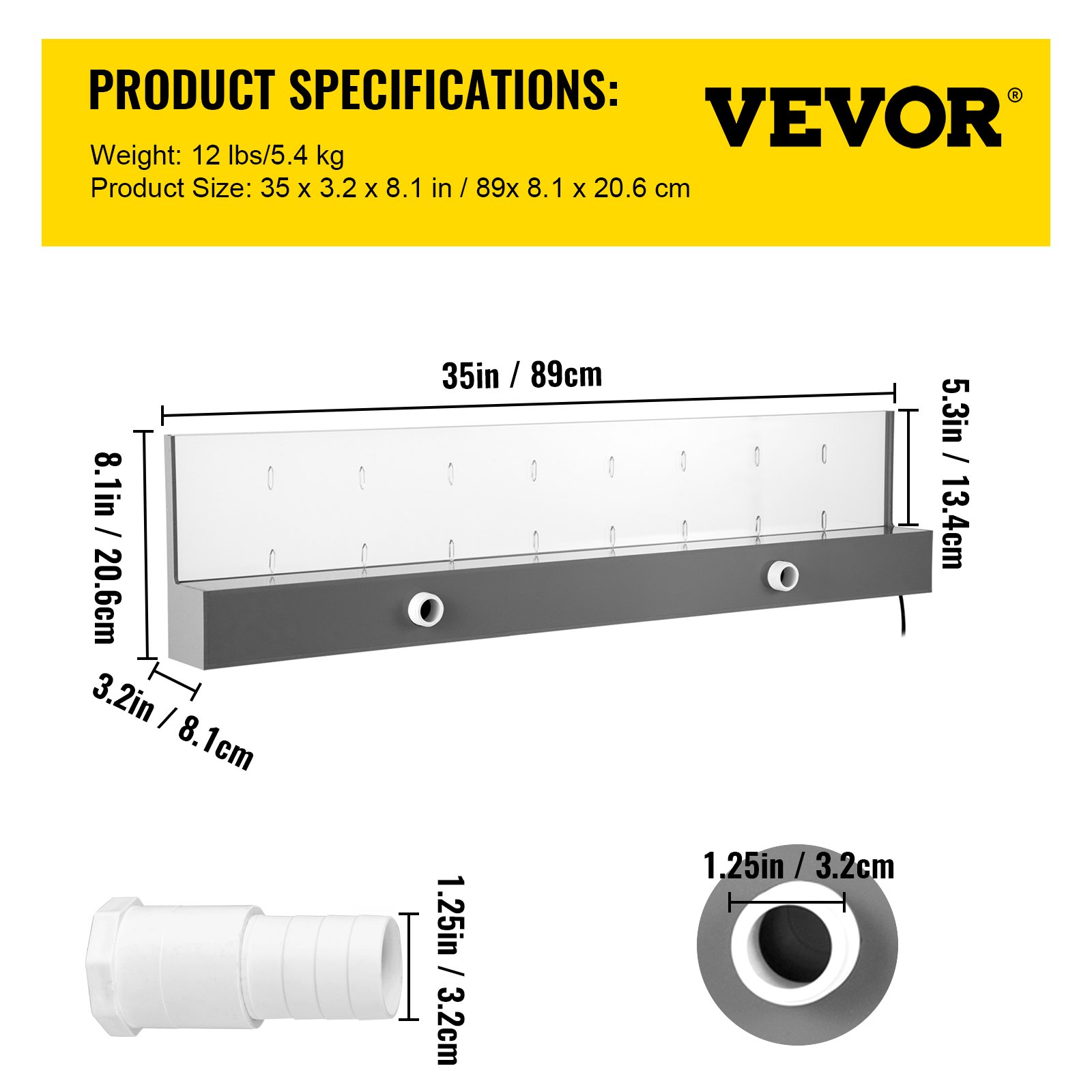 Aliviadero de fuente VEVOR con dimensiones y especificaciones para un caudal de agua óptimo.