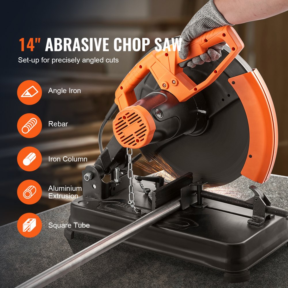 Sierra de corte abrasiva VEVOR, diámetro de hoja de 355 mm, 2300 W, 3600 RPM, ingleteadora con ángulo ajustable de 0 a 45° para cortar metal, acero, varillas de refuerzo, hierro y aluminio.