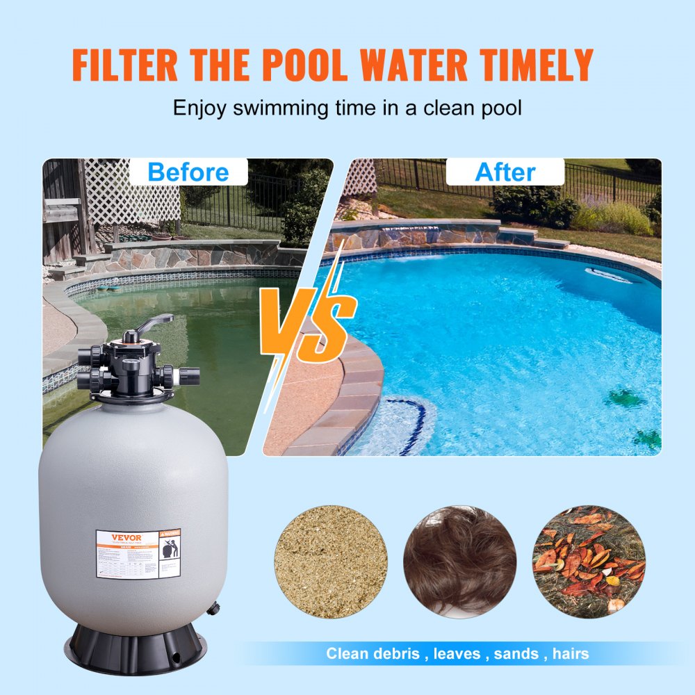 Filtro de arena VEVOR que muestra antes y después de la claridad del agua de la piscina, elimina residuos, hojas, arena, pelos.