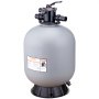 Filtro de arena VEVOR con base negra y conjunto de válvula de control para filtración de agua de piscina.