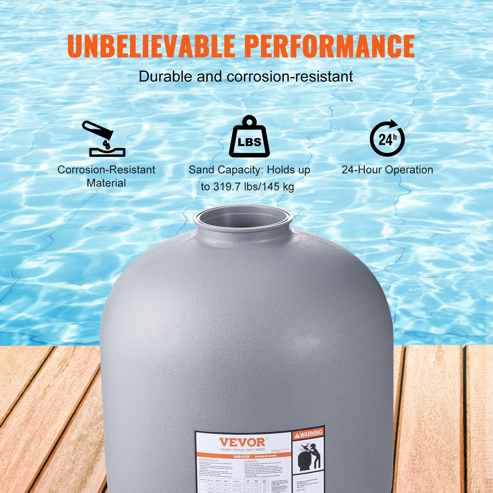 Filtro de arena VEVOR cerca de la piscina, duradero, resistente a la corrosión, soporta 319,7 libras, funcionamiento las 24 horas.