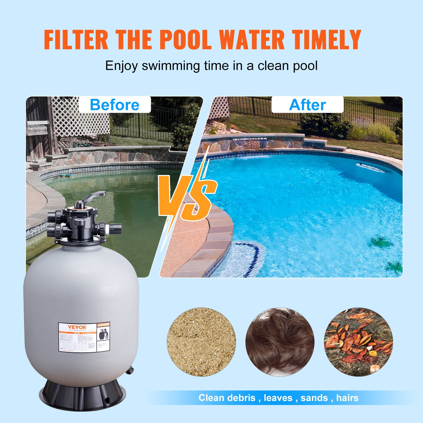 Filtro de arena VEVOR que muestra antes y después de la claridad del agua de la piscina, elimina residuos, hojas, arena, pelos.