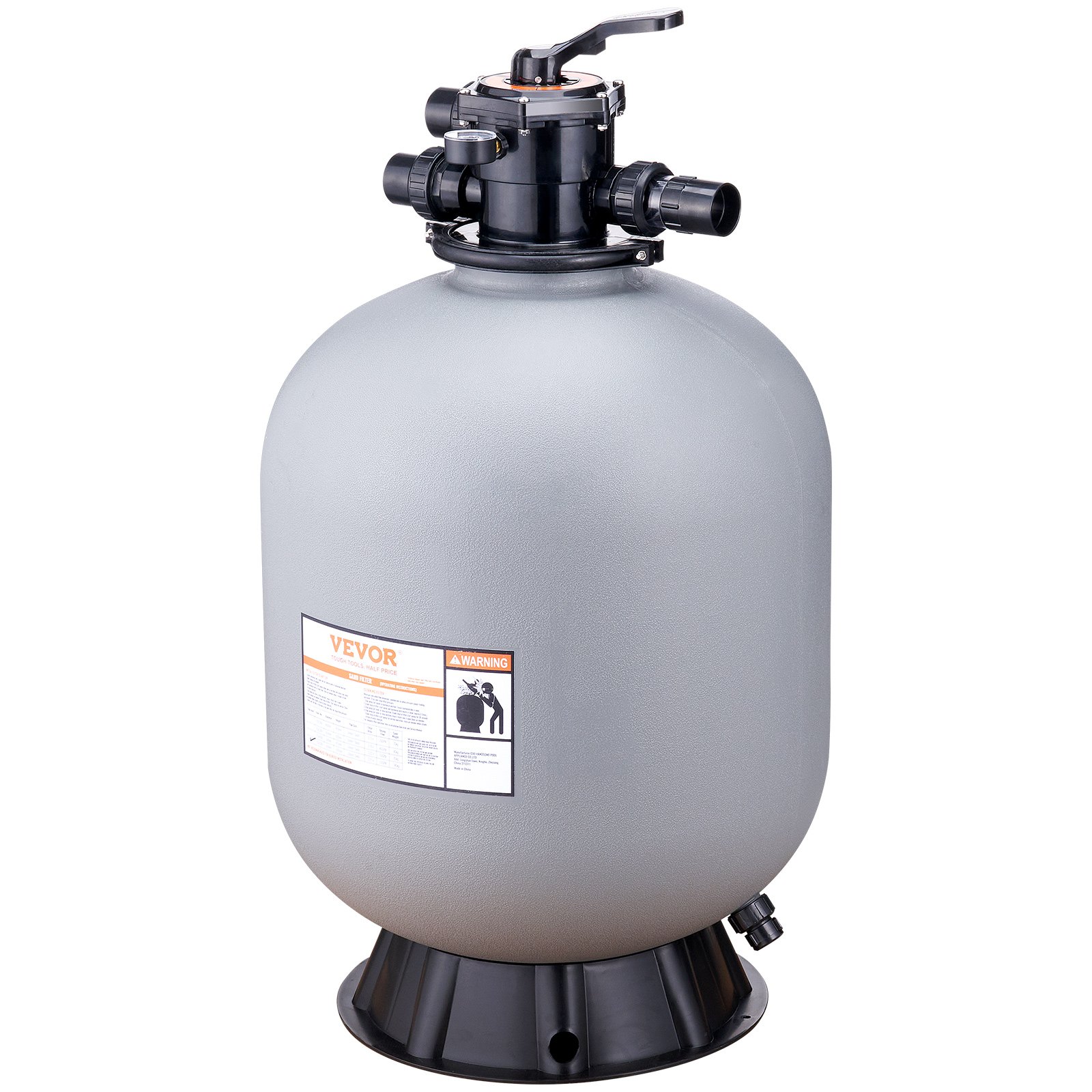 Filtro de arena VEVOR con base negra y conjunto de válvula de control para filtración de agua de piscina.