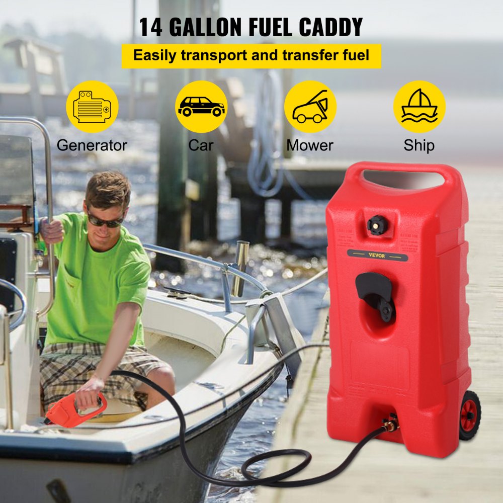 VEVOR Caddy de combustible de 14 galones, tanque de almacenamiento de gas sobre ruedas, con bomba de sifón y manguera de 9.8 pies de largo, tanque de combustible diésel de gasolina para automóviles, cortadoras de césped, vehículos todo terreno, barcos, más, rojo
