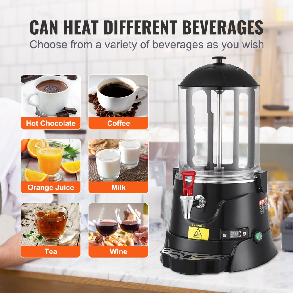El dispensador de chocolate caliente VEVOR puede calentar bebidas como café, jugo de naranja, leche, té y vino.