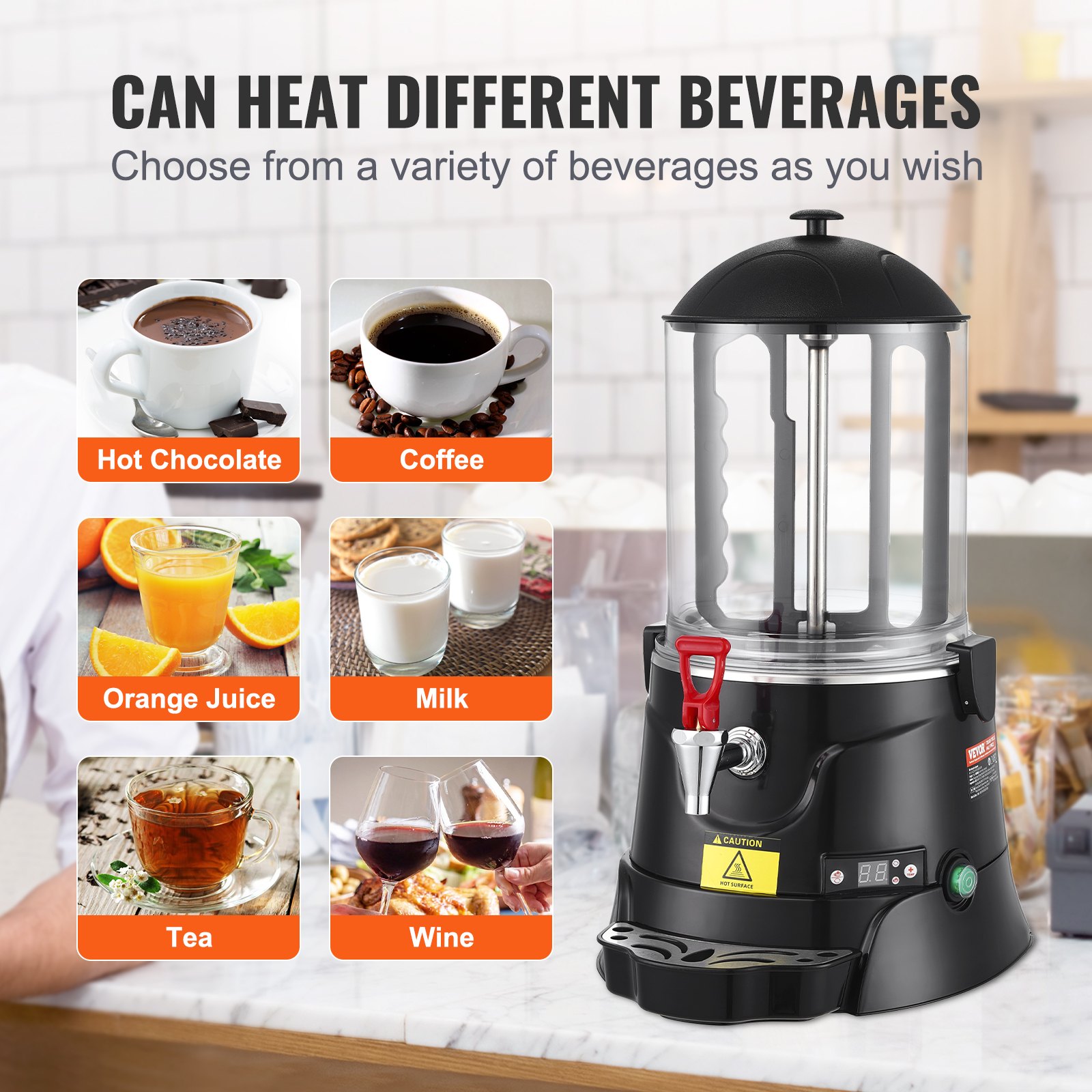 El dispensador de chocolate caliente VEVOR puede calentar bebidas como café, jugo de naranja, leche, té y vino.
