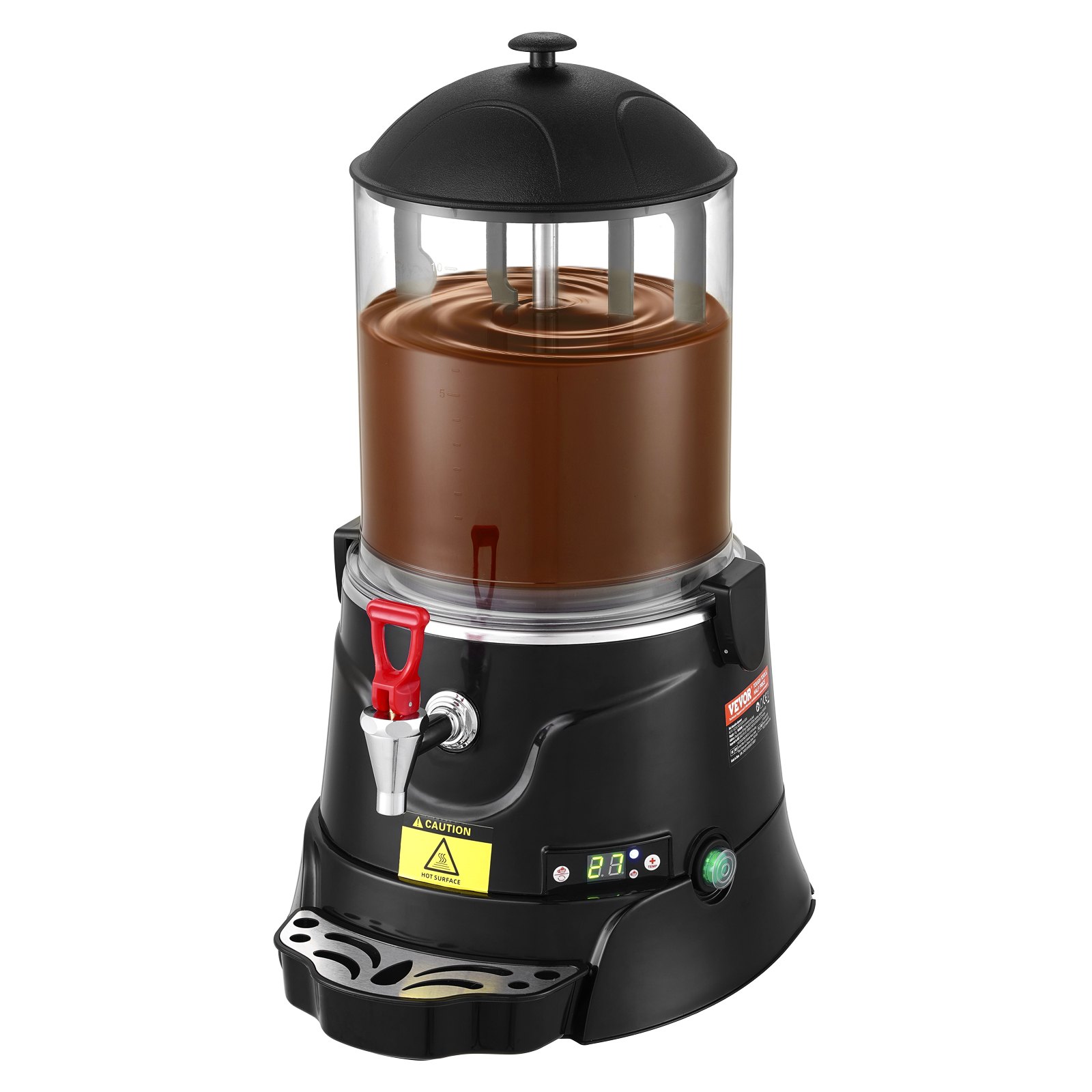 Dispensador de chocolate caliente VEVOR con cámara transparente, base negra, pico rojo y controles digitales.