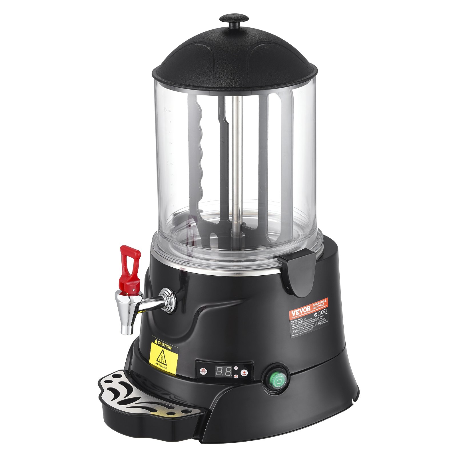 Dispensador de chocolate caliente VEVOR con cámara transparente, palanca de dispensación roja y control digital.