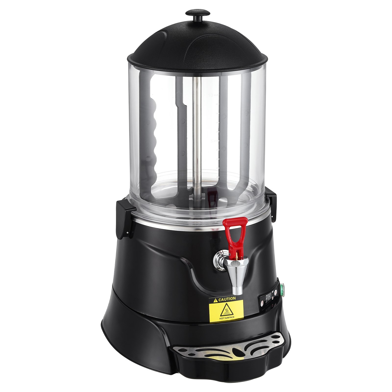 Dispensador de chocolate caliente VEVOR con base negra, parte superior cilíndrica transparente y mango dispensador rojo.