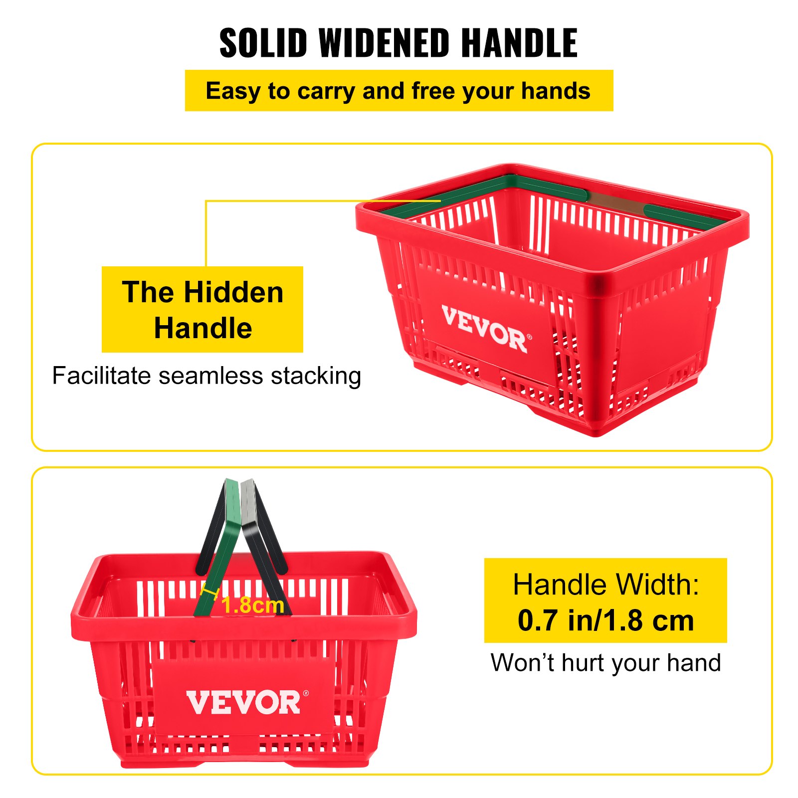 Cesta de la compra roja VEVOR con asa maciza ensanchada, apilamiento sin costuras y ancho del asa de 1,8 cm.