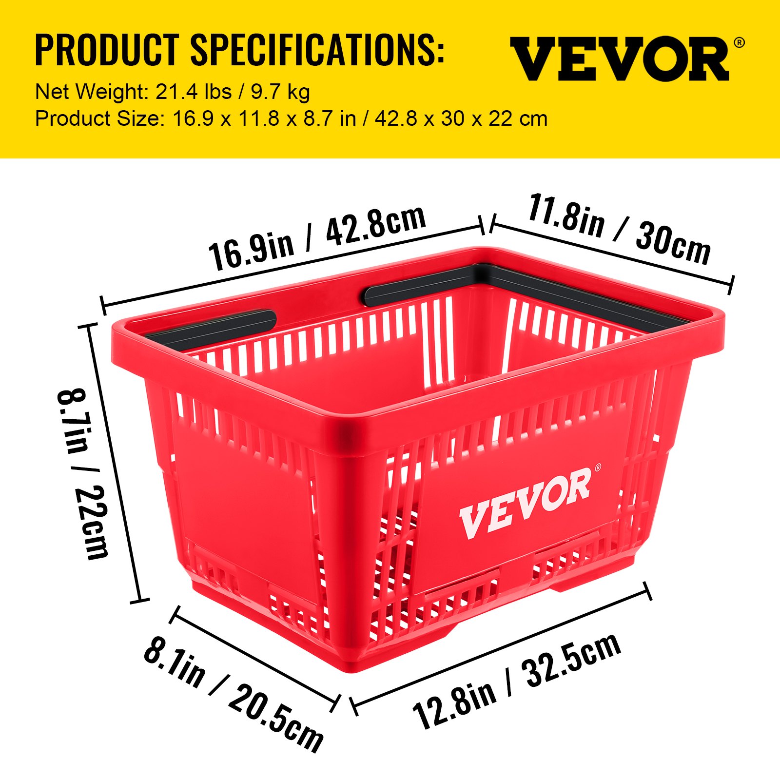 Cesta de compra roja VEVOR con dimensiones y especificaciones del producto, 42,8 x 30 x 22 cm.