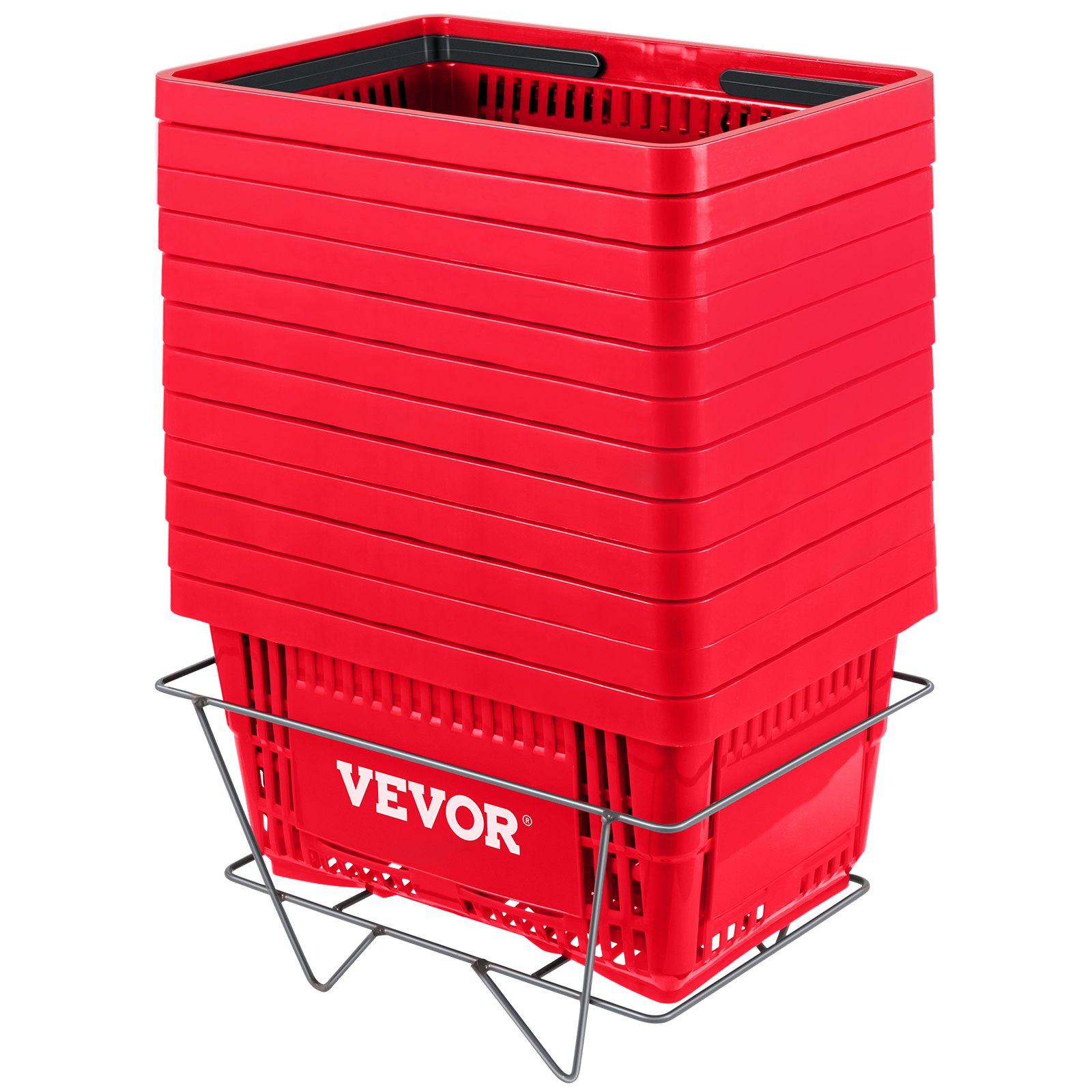 Cestas de compra rojas VEVOR apiladas ordenadamente en un marco de metal.