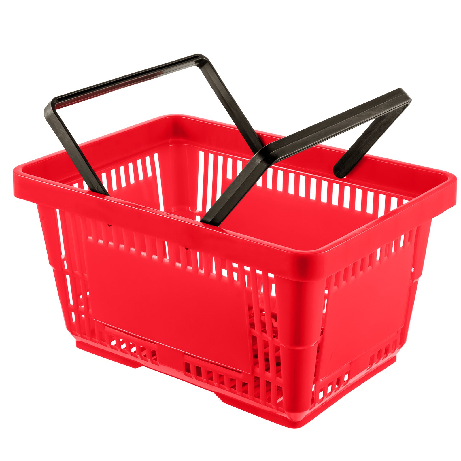 Cesta de la compra VEVOR roja con asas negras, con diseño perforado para ventilación.