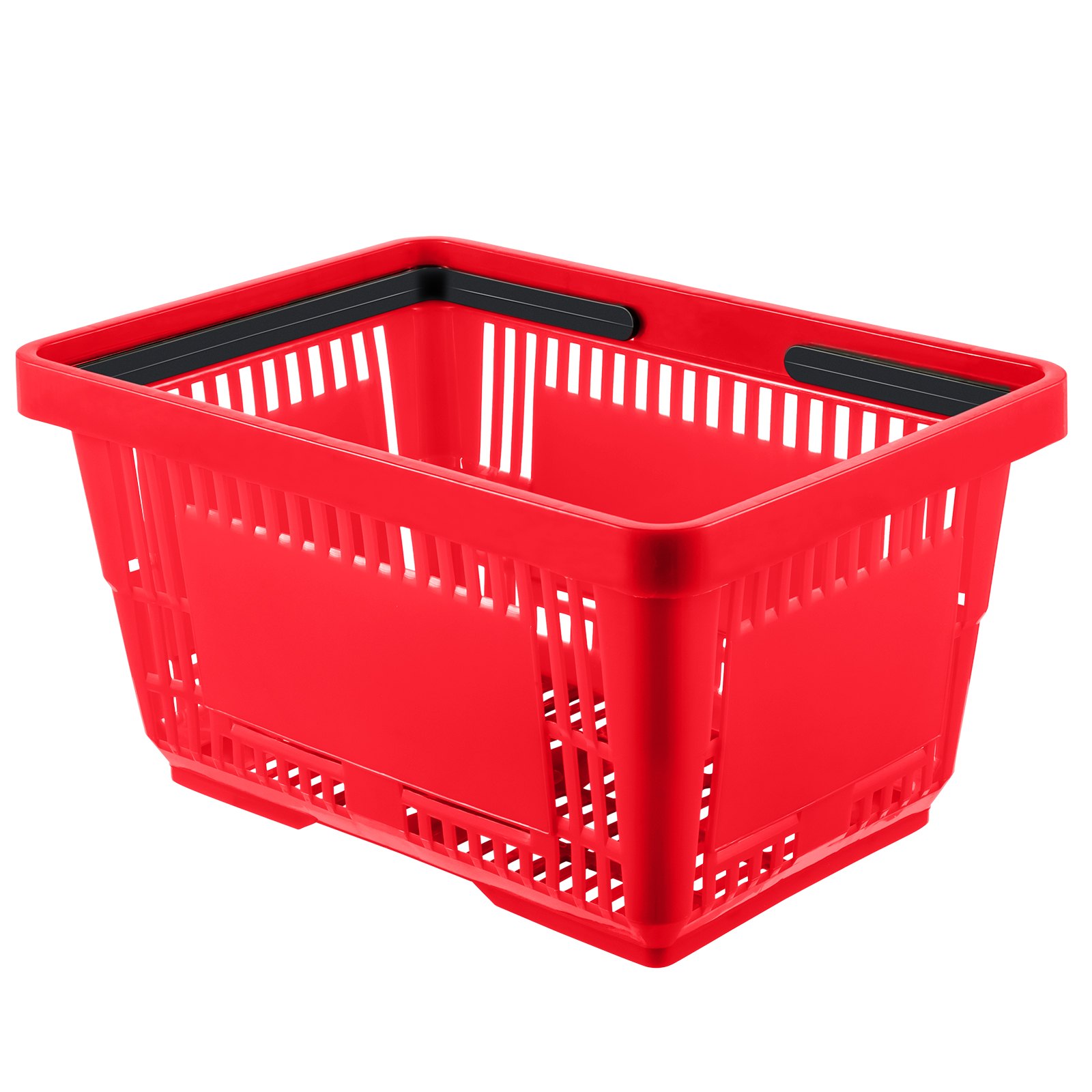 Cesta de compra VEVOR de plástico rojo con inserciones negras y diseño de fondo reforzado.