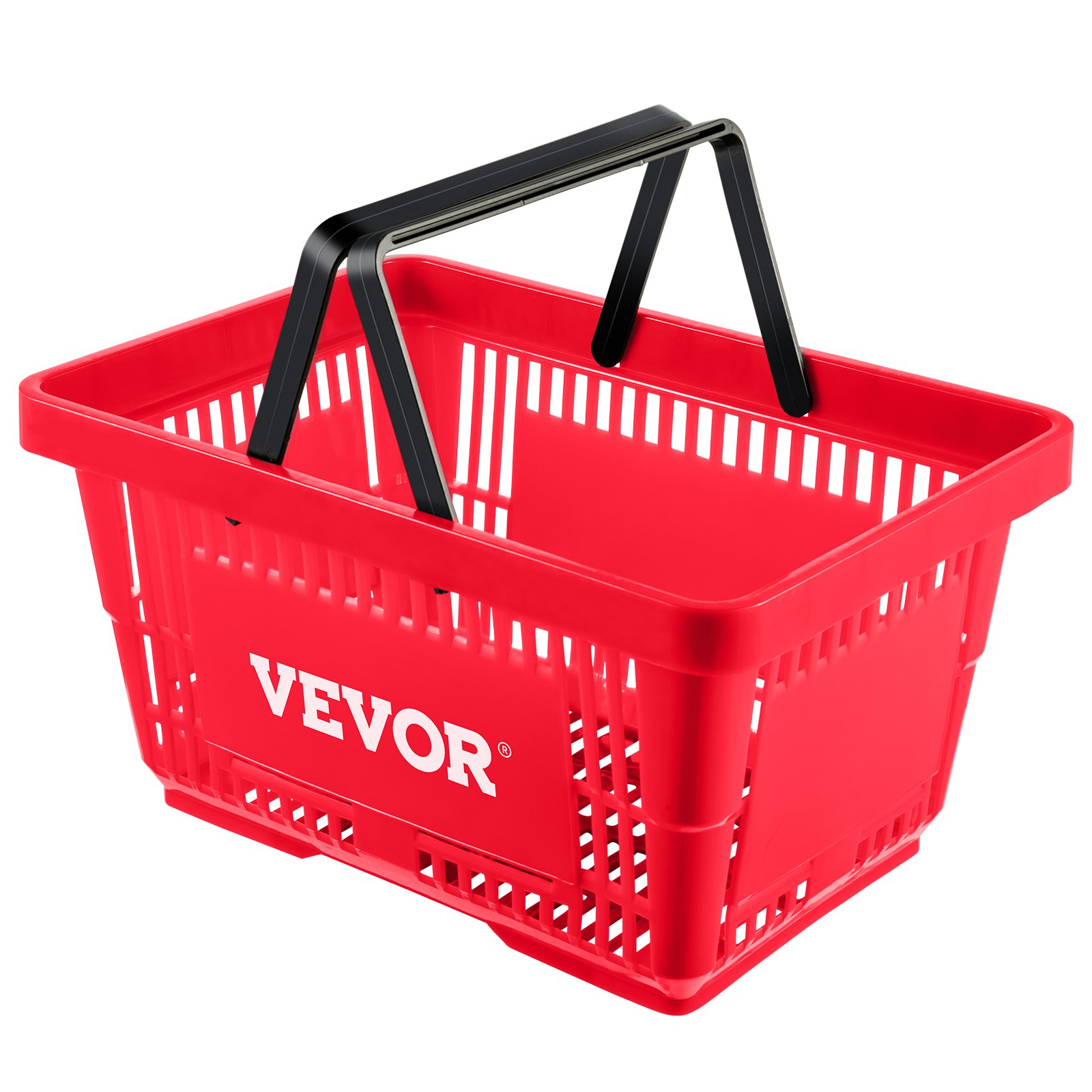 Cesta de compra VEVOR roja con asas negras, diseño resistente y laterales ventilados.
