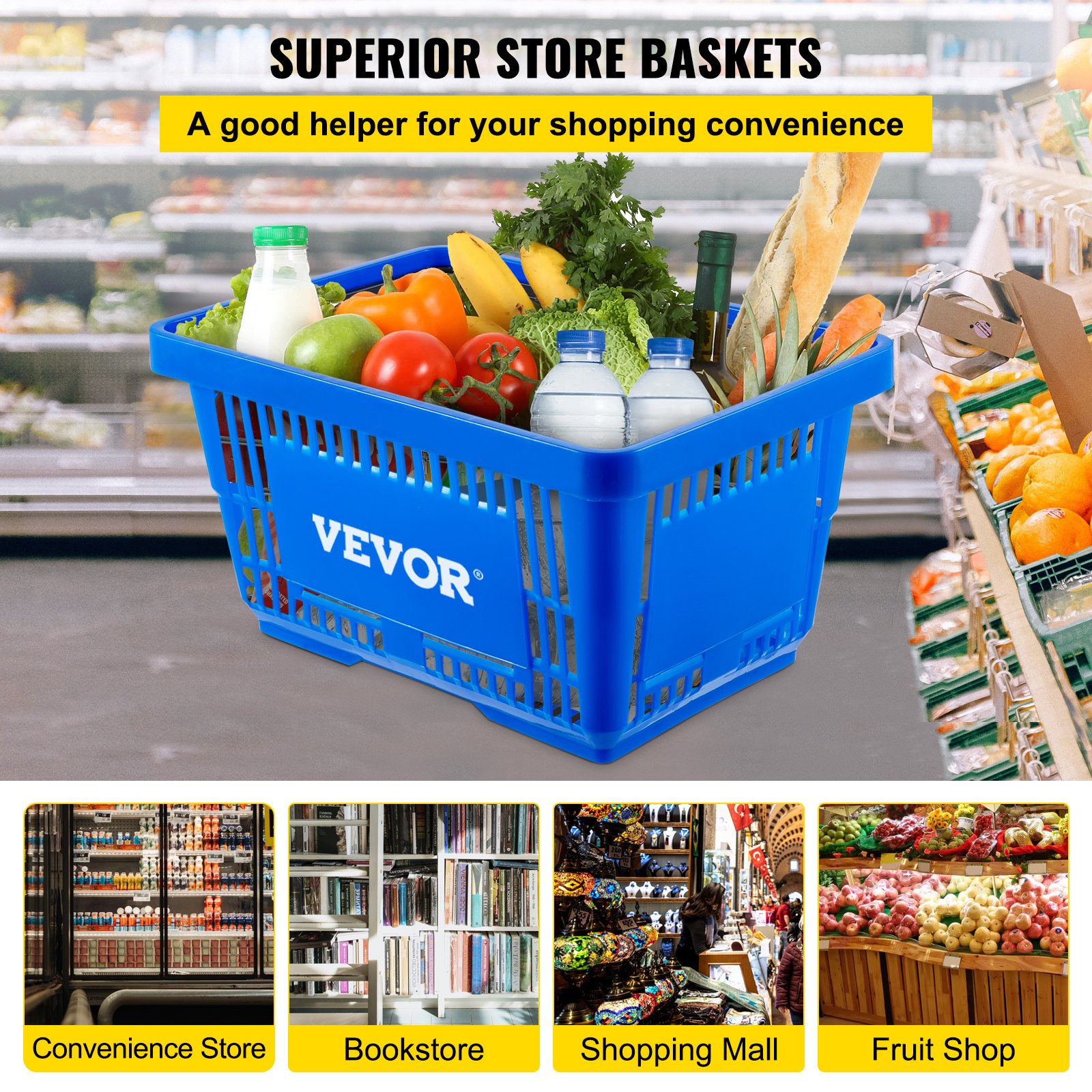 Cesta de compras VEVOR llena de comestibles en el pasillo de una tienda con estantes y productos.