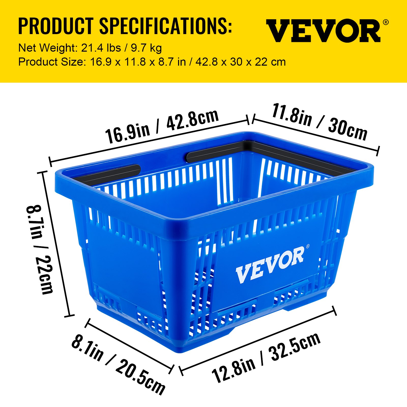 Cesta de compra azul VEVOR con dimensiones y especificaciones en texto negro sobre fondo amarillo.