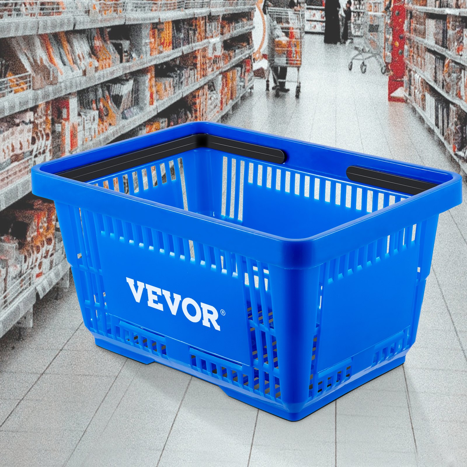 Cesta de la compra azul VEVOR en el pasillo de una tienda con estantes llenos de productos en el fondo.