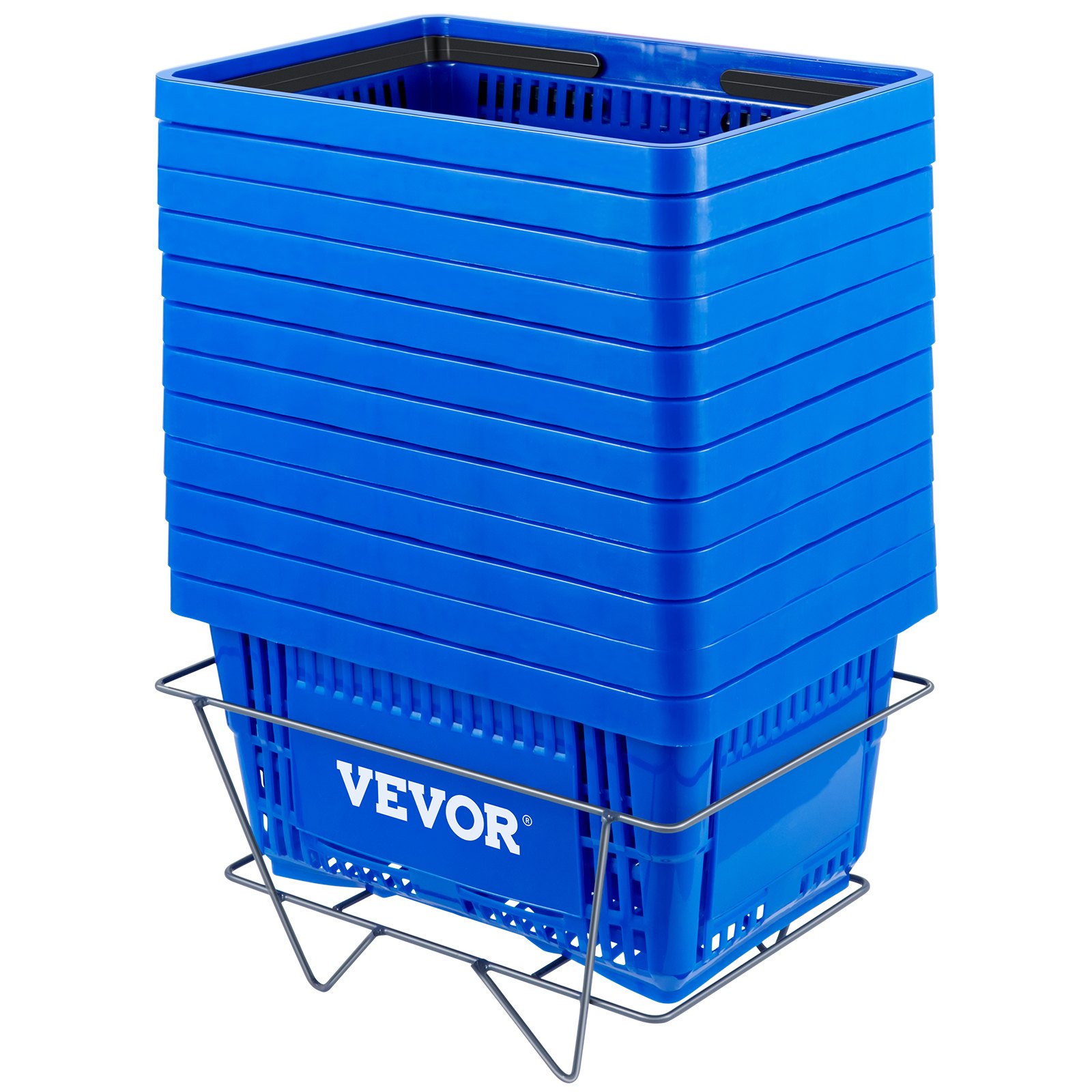 Cestas de compra VEVOR apiladas de color azul con soporte de metal, asas negras y diseño ventilado.