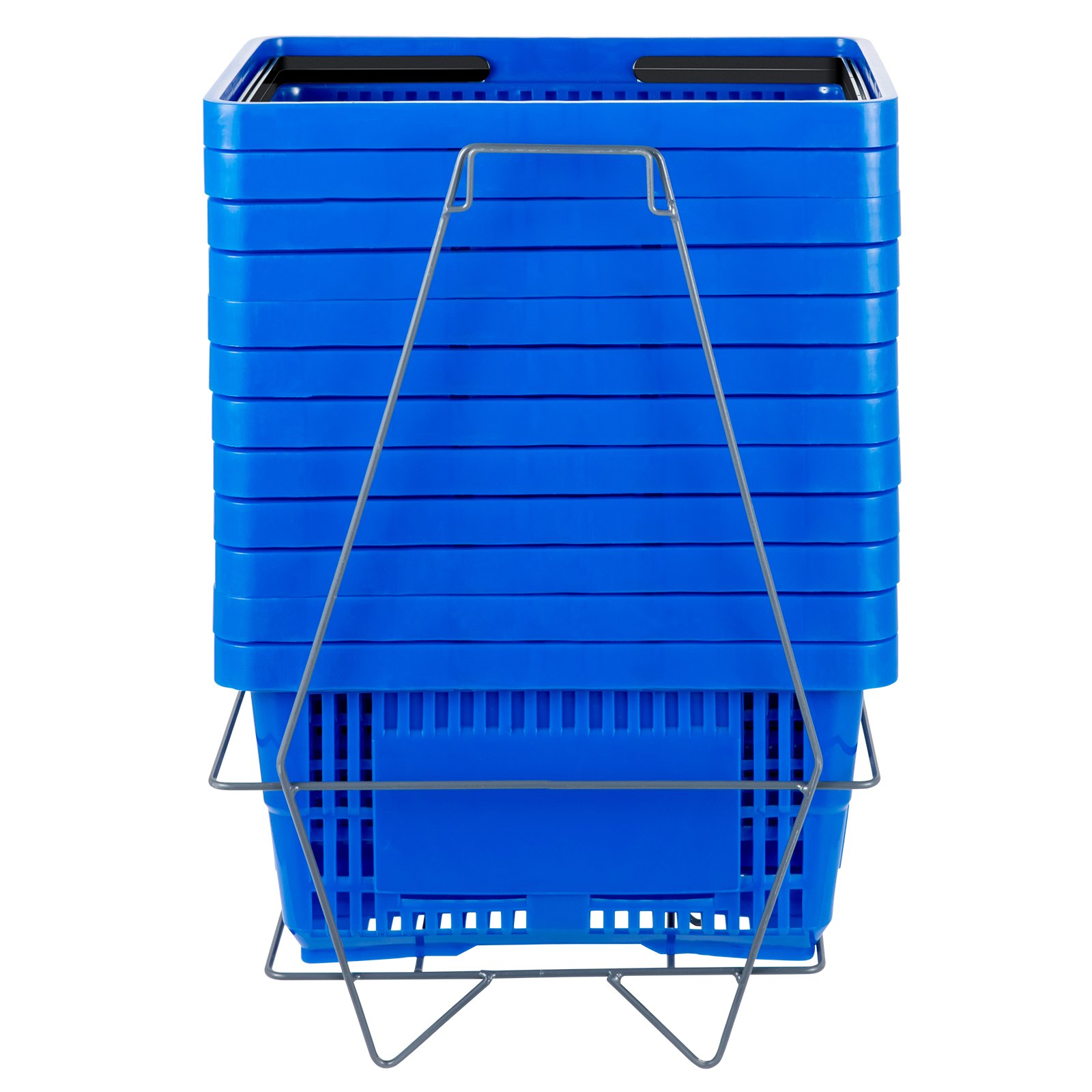 pila de cestas de compra azules VEVOR con soporte de metal.