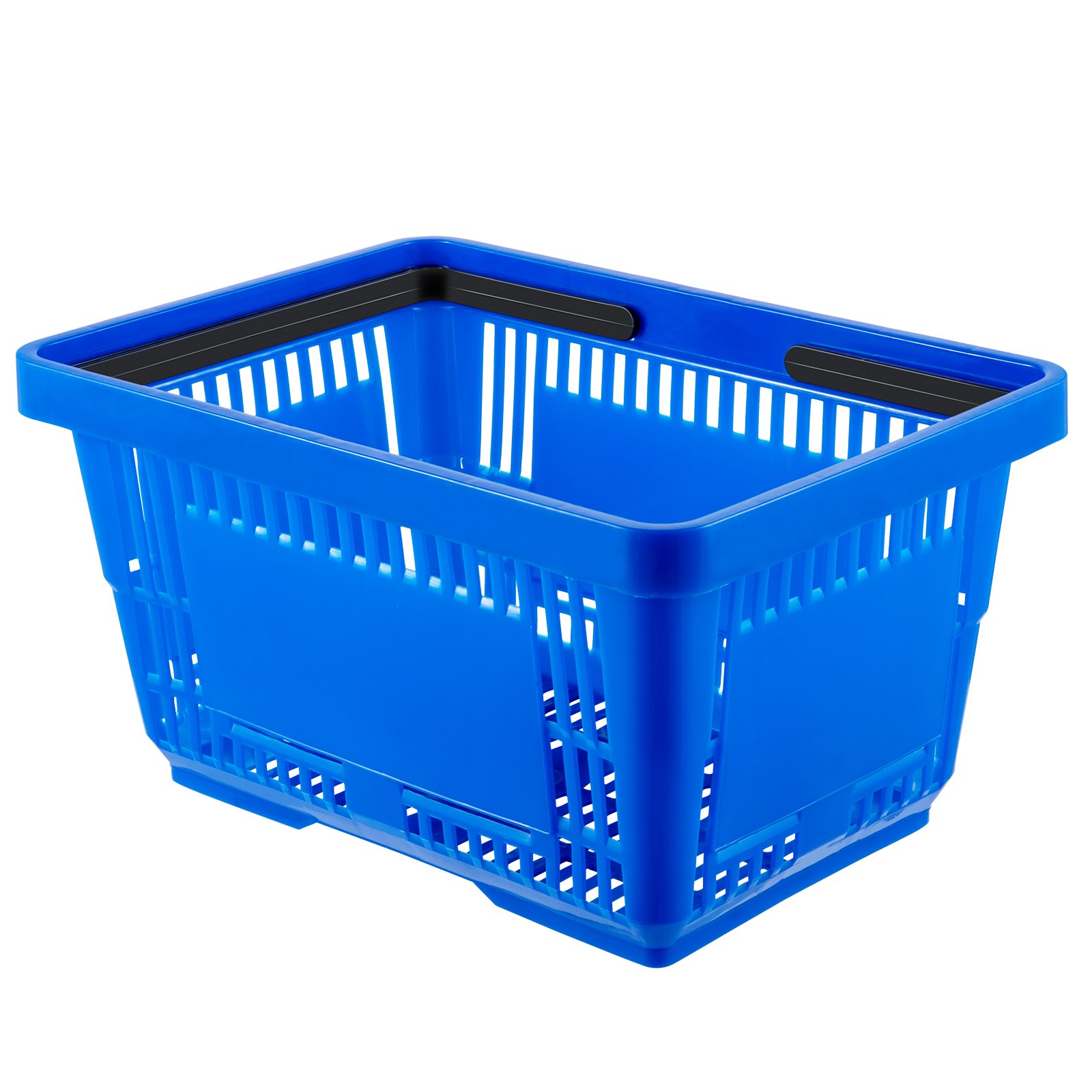 Cesta de compra VEVOR azul con asas negras, con un diseño ventilado para facilitar su transporte.
