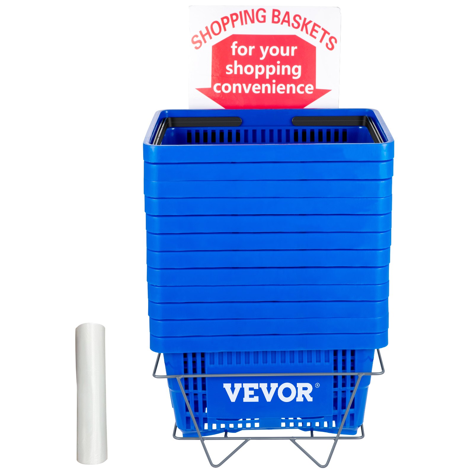 Cestas de compra azules VEVOR apiladas con un cartel rojo para mayor comodidad a la hora de comprar.