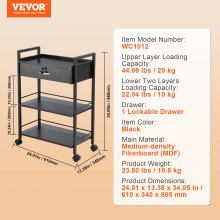 VEVOR Carrito de salón de belleza, gabinete de estaciones de peluquería de 3 niveles para estilista con cajón con cerradura, estación de almacenamiento rodante de MDF con 4 ruedas (2 con cerradura) para tatuaje de barbería SPA de belleza