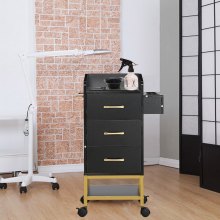 VEVOR Carrito de almacenamiento para salón de belleza, gabinete de estación de peluquería con tapa de vidrio para estilista con cajón y soporte para secador, carrito de peluquería con ruedas de MDF con 4 ruedas (2 con cerradura) para peluquero Beauty SPA