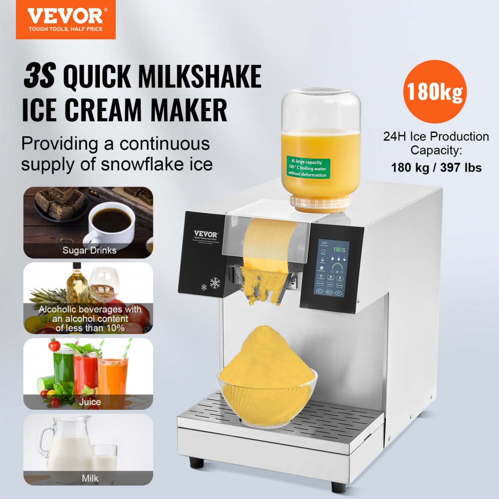 Máquina de hielo en copos VEVOR comercial, capacidad de 180 kg/24 h, máquina de hielo raspado de acero inoxidable, máquina eléctrica para conos de nieve, sistema de refrigeración líquida para una rápida disipación del calor, helado