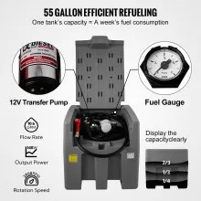 Tanque de diésel portátil VEVOR, capacidad de 58 galones y tasa de flujo de 10 GPM, tanque de combustible diésel con bomba de transferencia eléctrica de 12 V y manguera de goma de 13.1 pies, tanque de transferencia de diésel PE para fácil transporte de combustible, gris