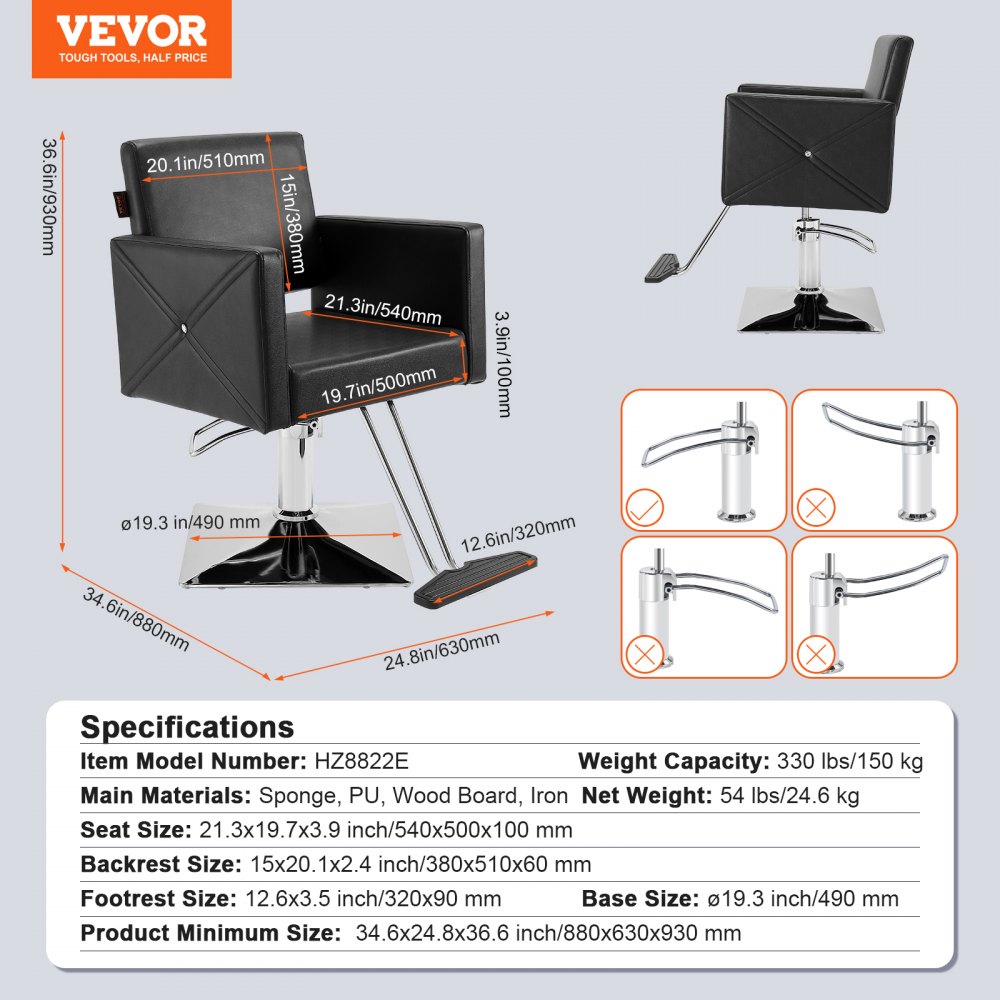 Silla de peluquería VEVOR, silla de barbero para estilistas, con bomba hidráulica de alta resistencia, giratoria 360° y reposapiés para spa, champú, carga máxima 150 kg, color negro