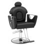 Silla de salón VEVOR negra con reposacabezas ajustable, base cromada y reposapiés para uso en barbería o salón.